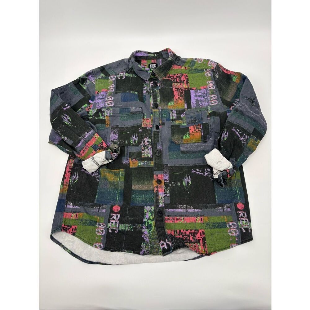 BDG Black Button-Up Shirt with Green, Purple & Pink Graphic Print